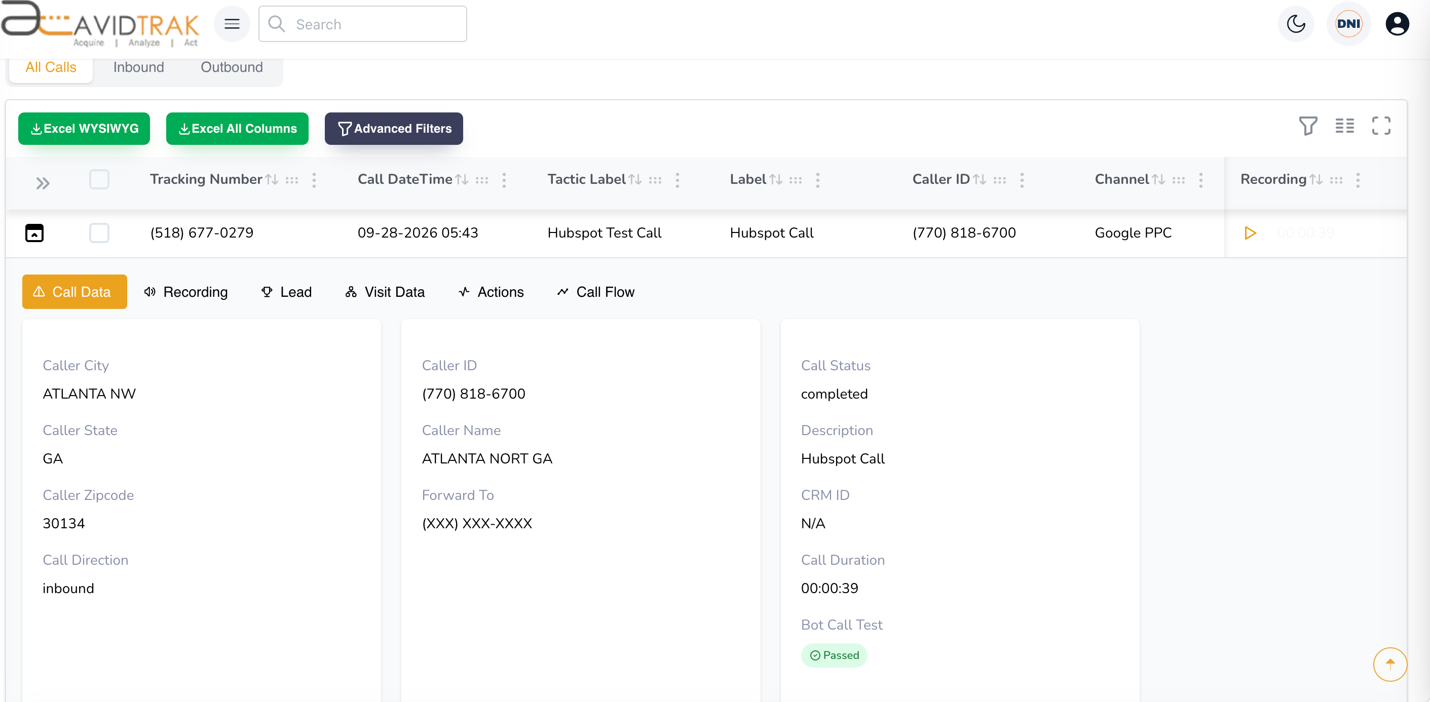 AvidTrak Call Log